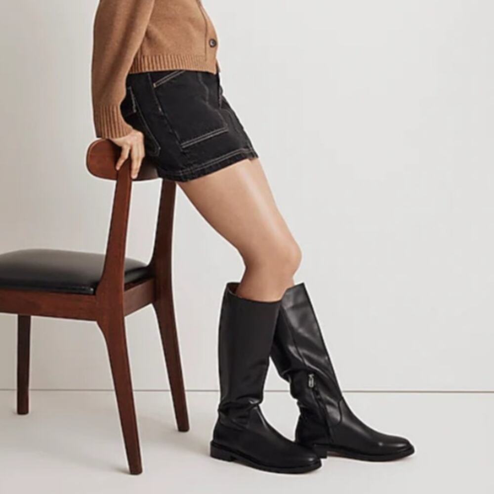 Madewell Size 8 True Black The Drumgold Leather Knee High Boots Slip On BR9-27